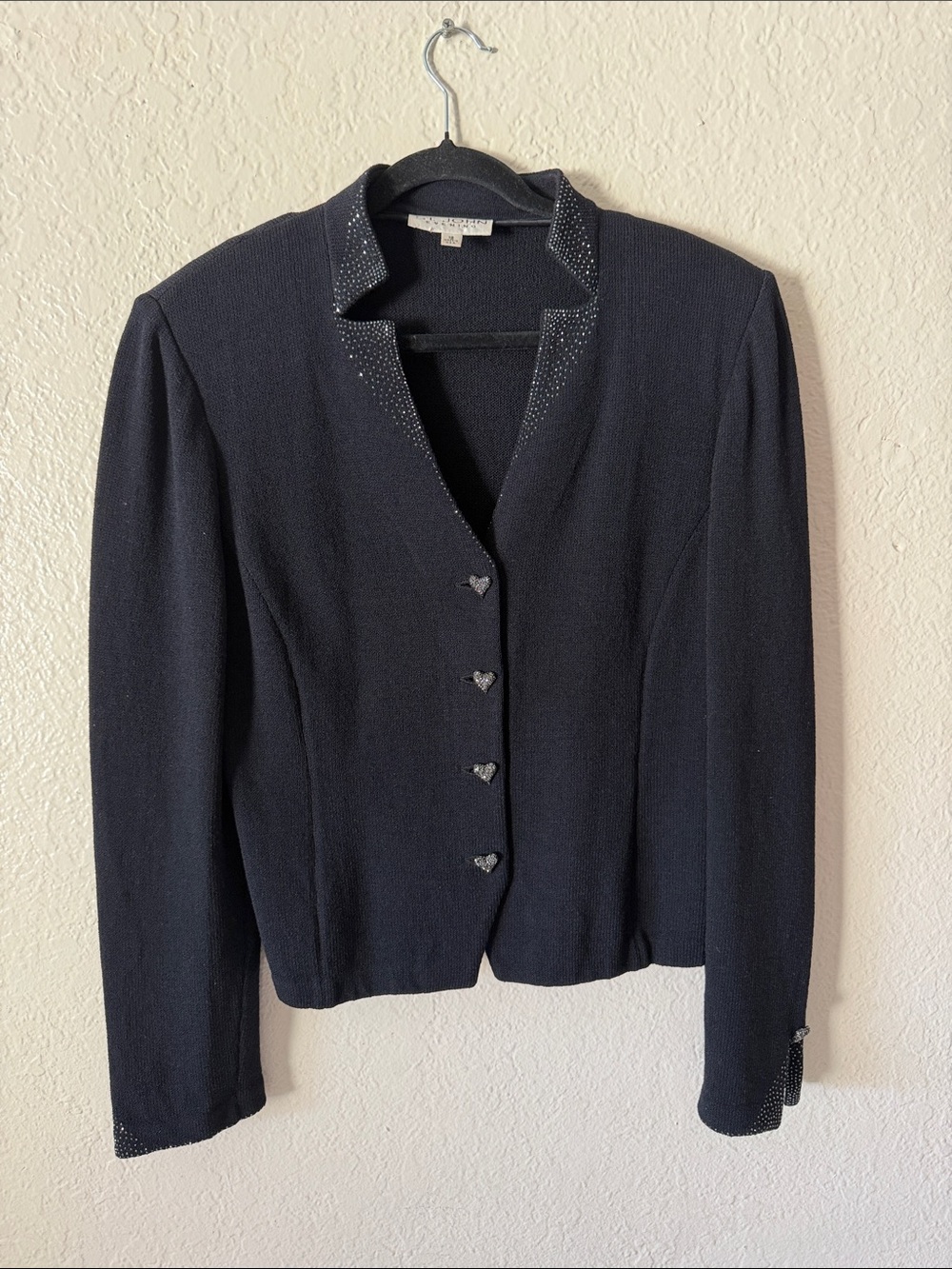 ST. JOHN Evening Santana Knit Blazer Size 12 Black Crystal Buttons Hearts - Picture 3 of 8